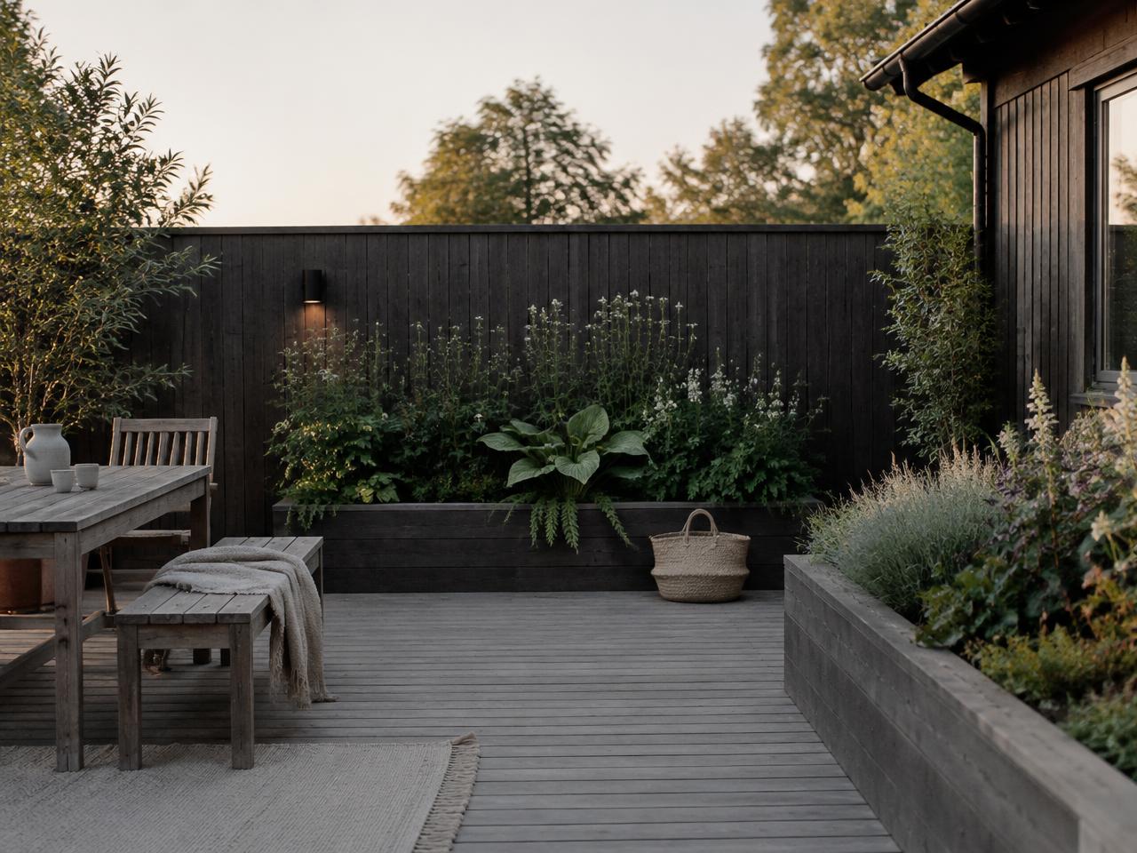 Skandinavisk terrasse med mørkt træhegn og højbede